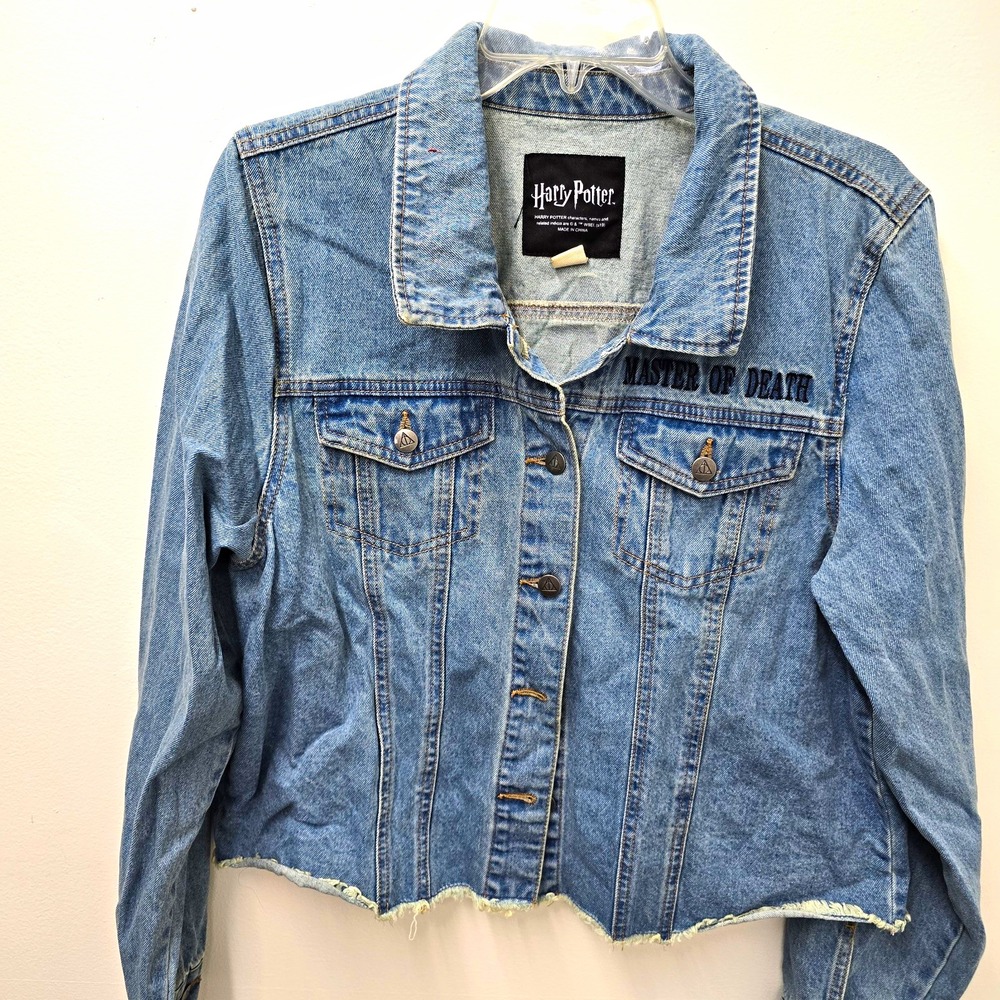 Harry Potter Master of Death Blue Jean Jacket XL Embroidered Logo Button Pockets